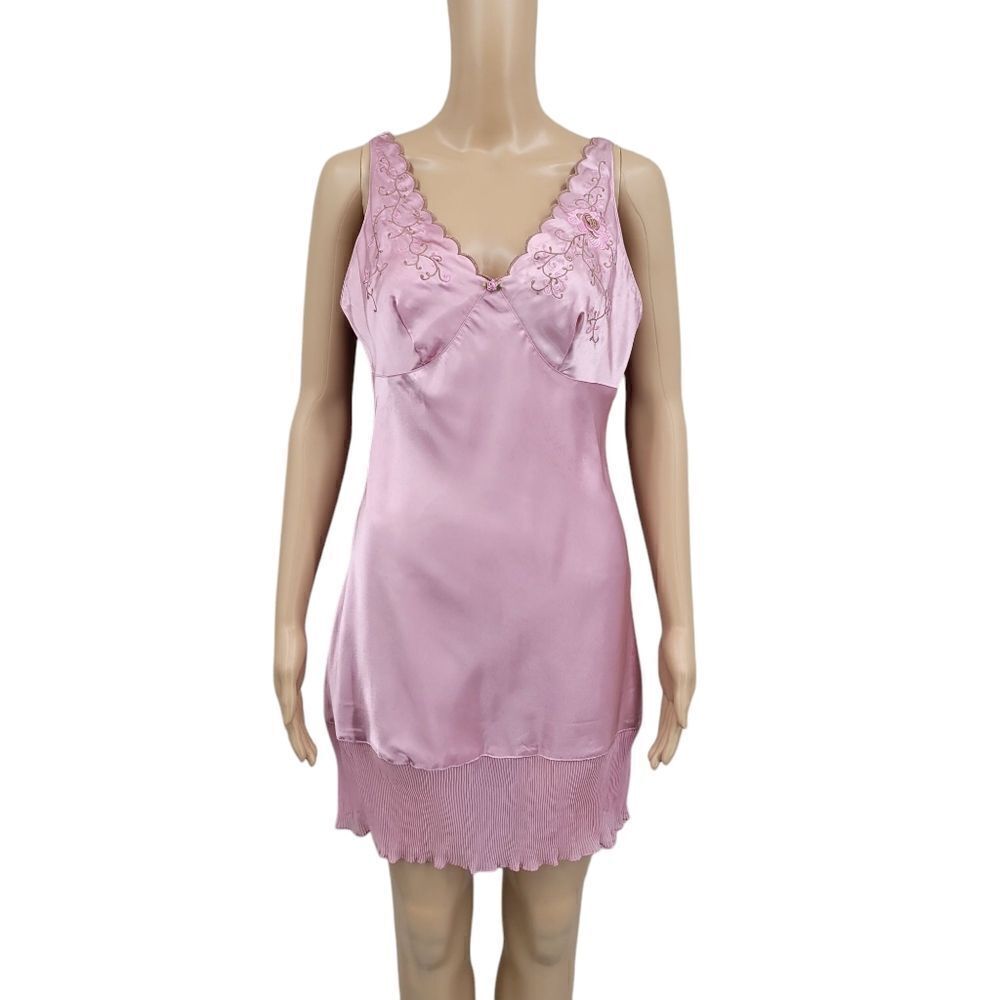 Sears Inner Most Y2K Pink Satin Slip Dress Nightgown Chocolate Brown Embroidery